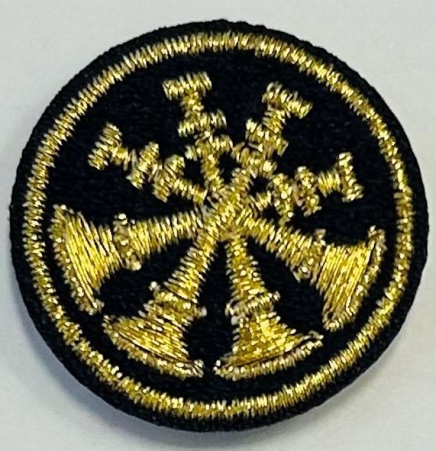 FIRE FIGHTER 4 BUGLES CROSSED, 1" CIRCLE - METALLIC GOLD ON MIDNIGHT NAVY - SEW ON.